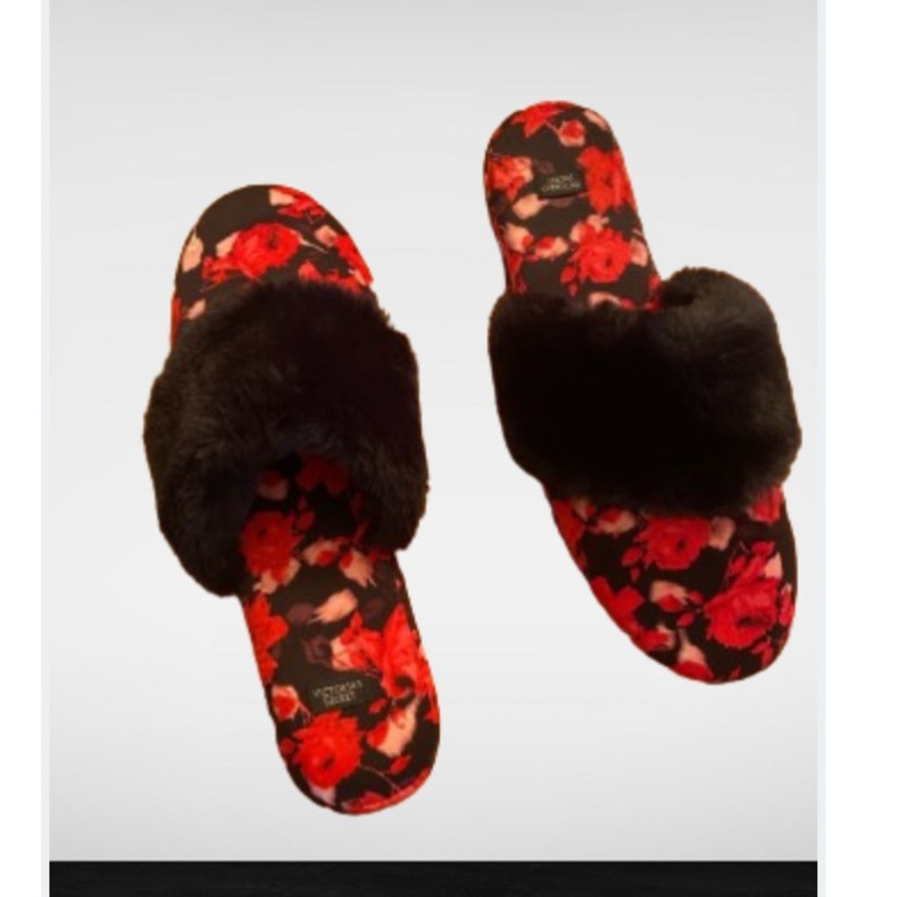 Victoria's Secret Floral Faux Fur Satin Slippers Size Large 9-10 - Picture 1 of 11